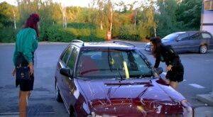 Glamorous ladies have some wet fully clothed car wash fun outdoor on nudesceleb.com