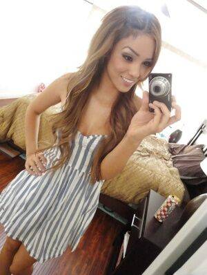 Latina ex-girlfriend Melanie Rios taking topless selfies in mirror on nudesceleb.com