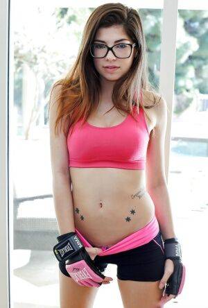 Babe in glasses Ava Taylor shows her sporty shame on camera! on nudesceleb.com