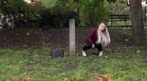 Dirty blonde female can't hold her pee any longer and pisses in public park on nudesceleb.com