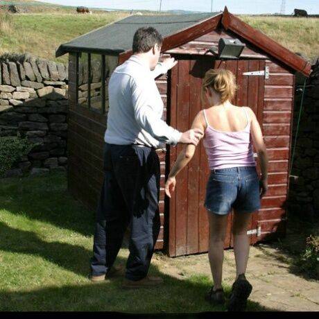 Caucasian girl is taken into a shed for a much-needed spanking on nudesceleb.com
