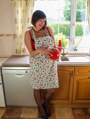 Fat amateur Roxy exposes her huge breasts in her pretties and a kitchen apron on nudesceleb.com