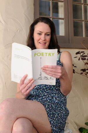 Horny mature Veronica Snow trades in her poetry for pussy spreading in the sun on nudesceleb.com