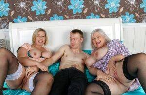 Older blonde fatties treat a surprised younger guy to a threesome on nudesceleb.com