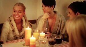 Group sex breaks out among friends sharing mixed drinks by candlelight on nudesceleb.com