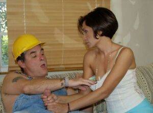 Horny Tina seduces the workman into steamy afternoon groupsex with a handjob on nudesceleb.com