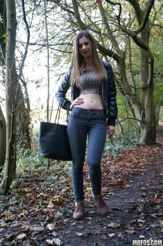 Stunning brittish teen Stella Cox in jeans bares big tits and pussy outside on nudesceleb.com