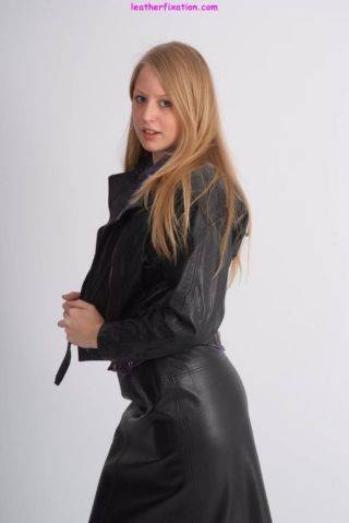 Cute blonde hayley posing in a sexy leather jacket and a lovely on nudesceleb.com