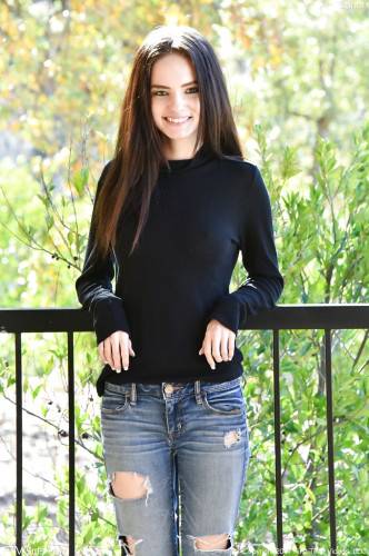 Stunning american brunette teen Lana Adams in jeans exhibiting tiny tits and spreading her legs outdoor - Usa on nudesceleb.com