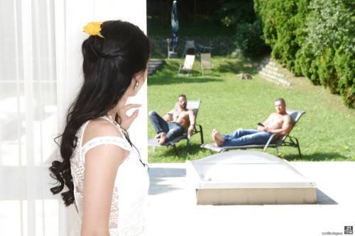 Very attractive russian dark-haired youthful Crystal Greenvelle in skirt fucked deep by two hard cocks outdoor - Russia on nudesceleb.com