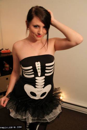 Adorable Brunette Freckles Teases Us In Her Pantyhose And Her Halloween Outfit on nudesceleb.com
