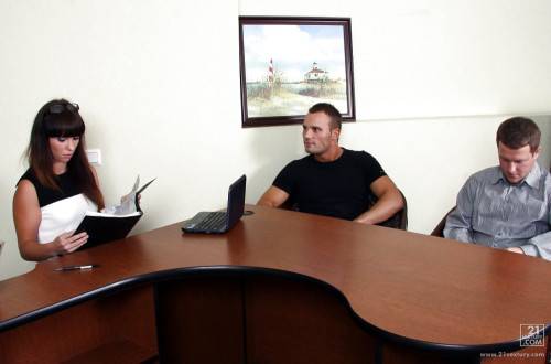 Very attractive russian dark-haired Alysa Gap in hot threesome scene in office - Russia on nudesceleb.com