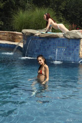 Shapely brunette teen Tamara Jade in hot bikini bares her ass and masturbates at pool on nudesceleb.com