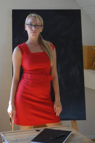 Horny Blonde Teacher Hayley-Marie Coppin Strips Her Red Dress And Lingerie In Class on nudesceleb.com