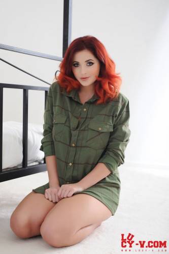 Real Redhead Beauty Lucy Vixen Unbuttons The Shirt And Uncovers View On Big Melons on nudesceleb.com
