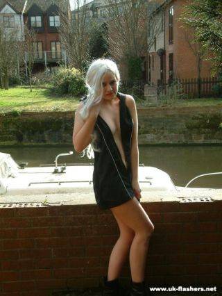 Cute blonde, miss chaos, strips off beside a busy river way - Britain on nudesceleb.com