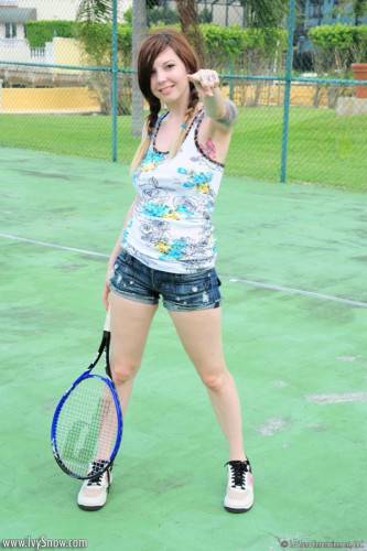 Heavy Chested Pale Brunette Ivy Jean Exposes Her Tattoos On The Tennis Court on nudesceleb.com