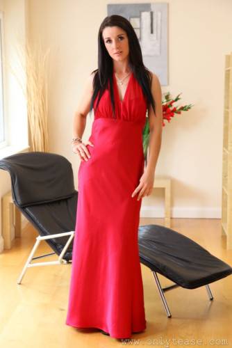 Elegant Sarah B In Black Stockings Pulls Off Her Long Red Dress And Displays Her Boobs on nudesceleb.com