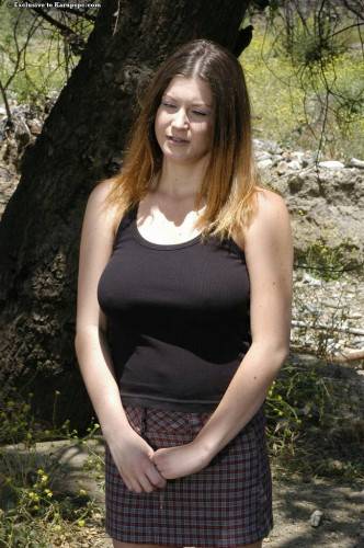 Inviting american teen Sara Stone in nice skirt showing big boobies and hot ass outdoor - Usa on nudesceleb.com