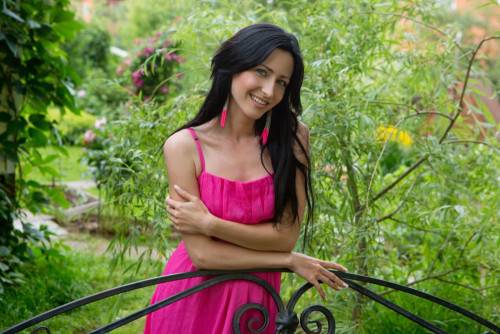 Precious Brunette With Long Hair Janelle B Smoothly Sliding Off Her Pink Dress And Poses Nude On The Bench on nudesceleb.com