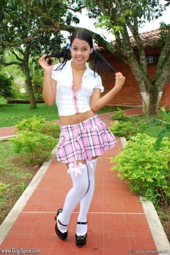 Latina Schoolgirl Gigi Spice In Pink Plaid Skirt Spreads Her Tight Pussy Outdoors on nudesceleb.com