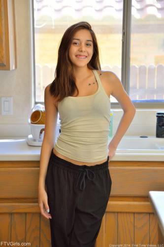 Slim Shaved Teen Kristina Bell Presents Her Skinny Body Before Toying Her Plump Pussy. on nudesceleb.com