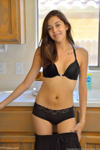 Sweet Shaved Teen Kristina Bell Strips Saucy Black Lingerie And Vibrates Her Tasty Coochie. on nudesceleb.com