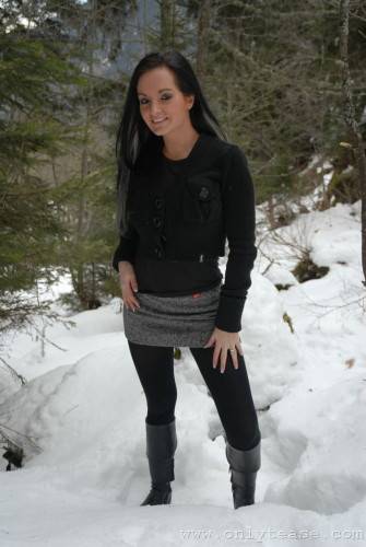 Very Brave Brunette Kate B In Tight Black Pantyhose Poses Topless In Winter on nudesceleb.com