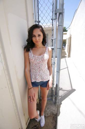 Hot american bombshell Ariana Marie in fancy shorts reveals tiny tits and spreads her legs outdoor - Usa on nudesceleb.com