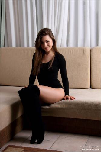 Lily C Showed Up In Sexy Black Stockings And Blouse And Then Undressed And Spread Legs To Show Her Tight Twat on nudesceleb.com